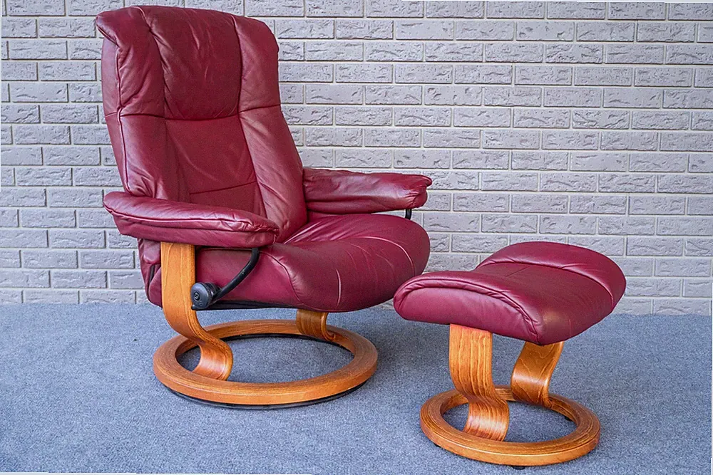 Danish Modern Large Ekornes Stressless Red Leather Recliner Chair & Ottoman