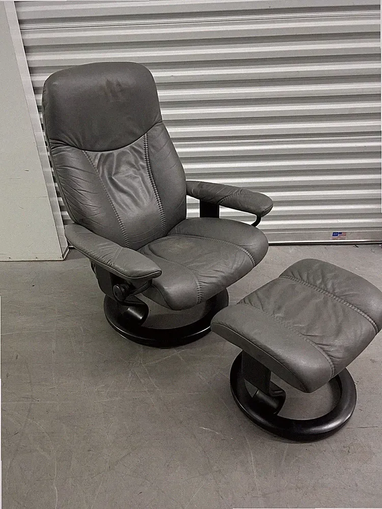 Ekornes Stressless Gray Leather "Consul" Swivel Recliner Chair & Ottoman