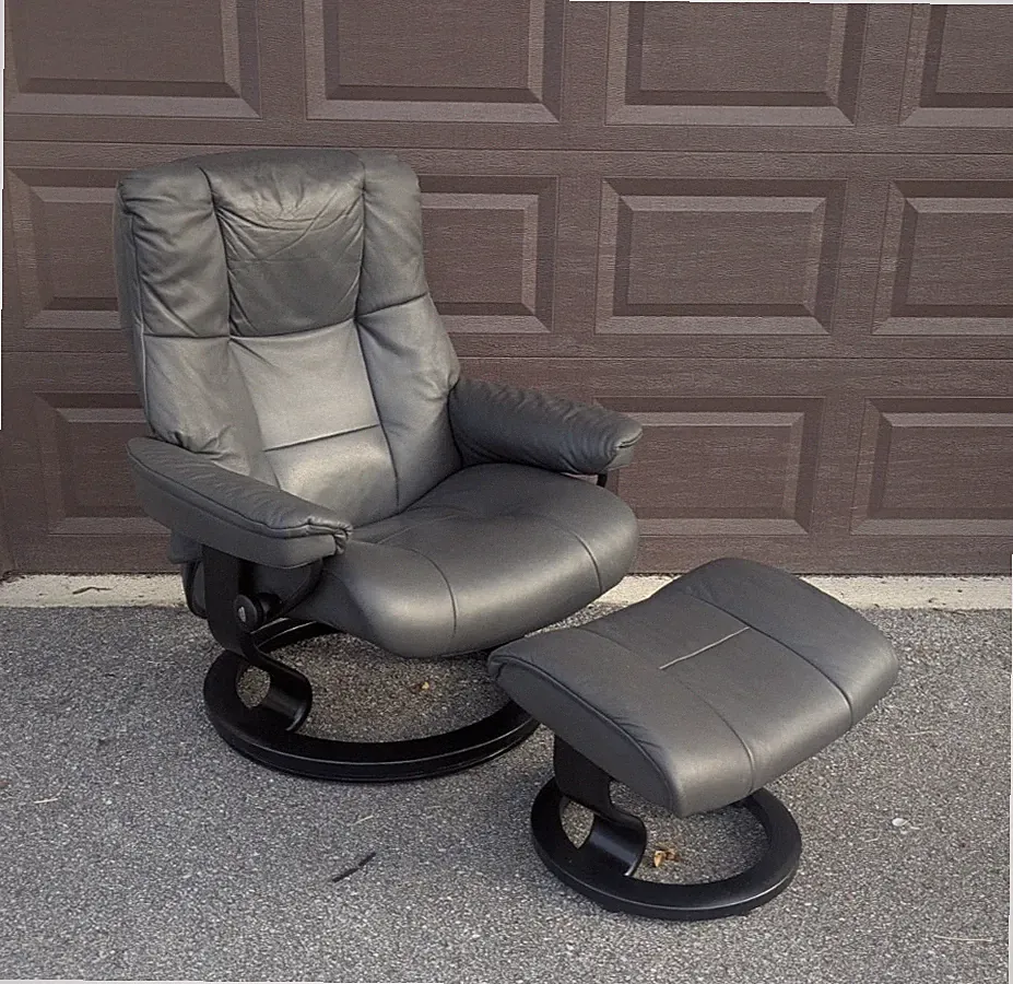 Ekornes Stressless Gray Leather Large Swivel Recliner Chair Ottoman "Mayfair"
