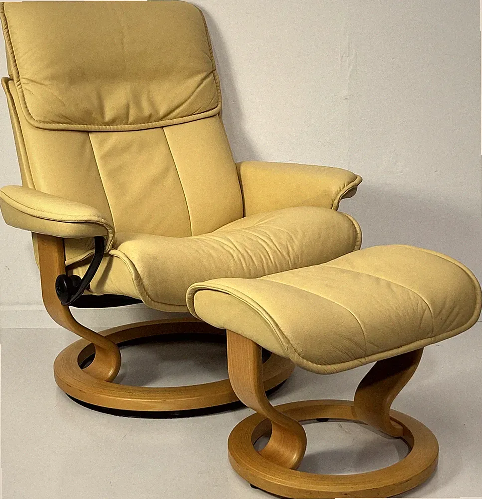 Ekornes Stressless Large ADMIRAL Yellow Leather Swivel Recliner & Ottoman