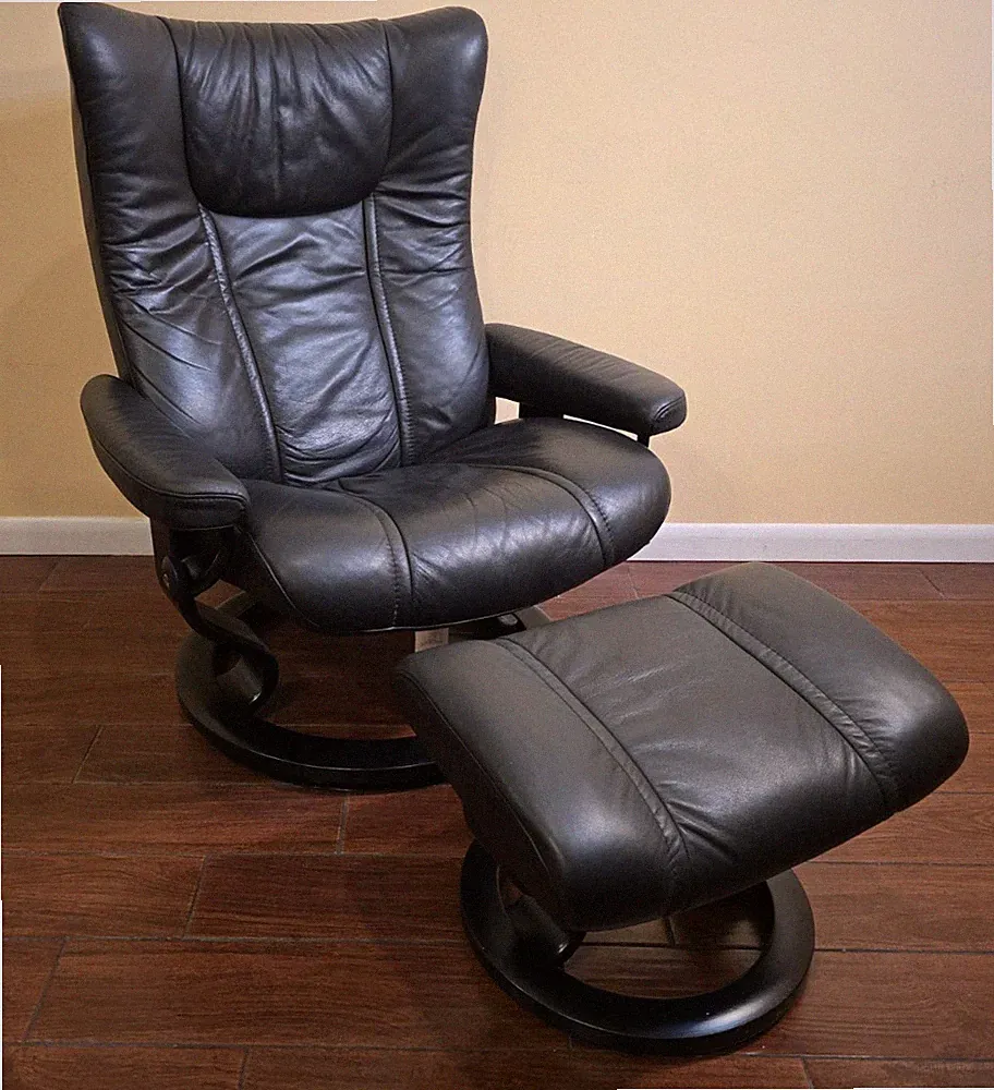 Ekornes Stressless Large Black "Wing" Leather Recliner Chair & Ottoman