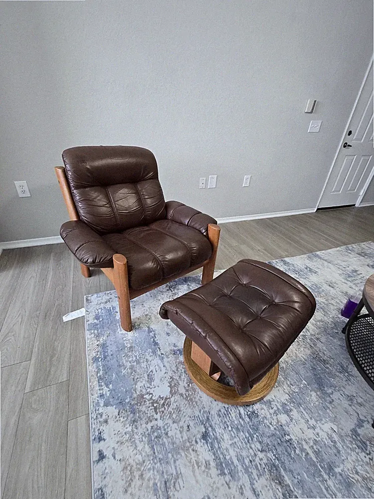Ekornes Stressless Large Brown Leather Swivel Recliner Chair and Ottoman