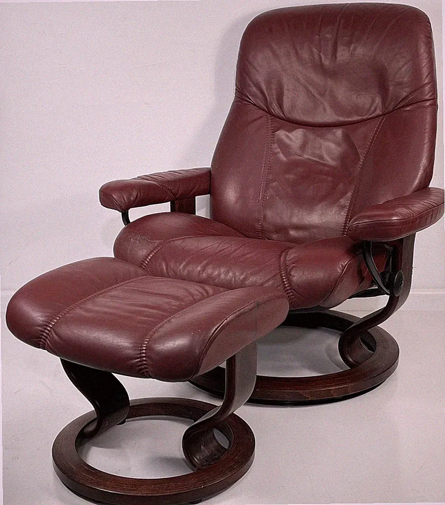 Ekornes Stressless Large CONSUL Red Wine Leather Swivel Recliner Chair & Ottoman