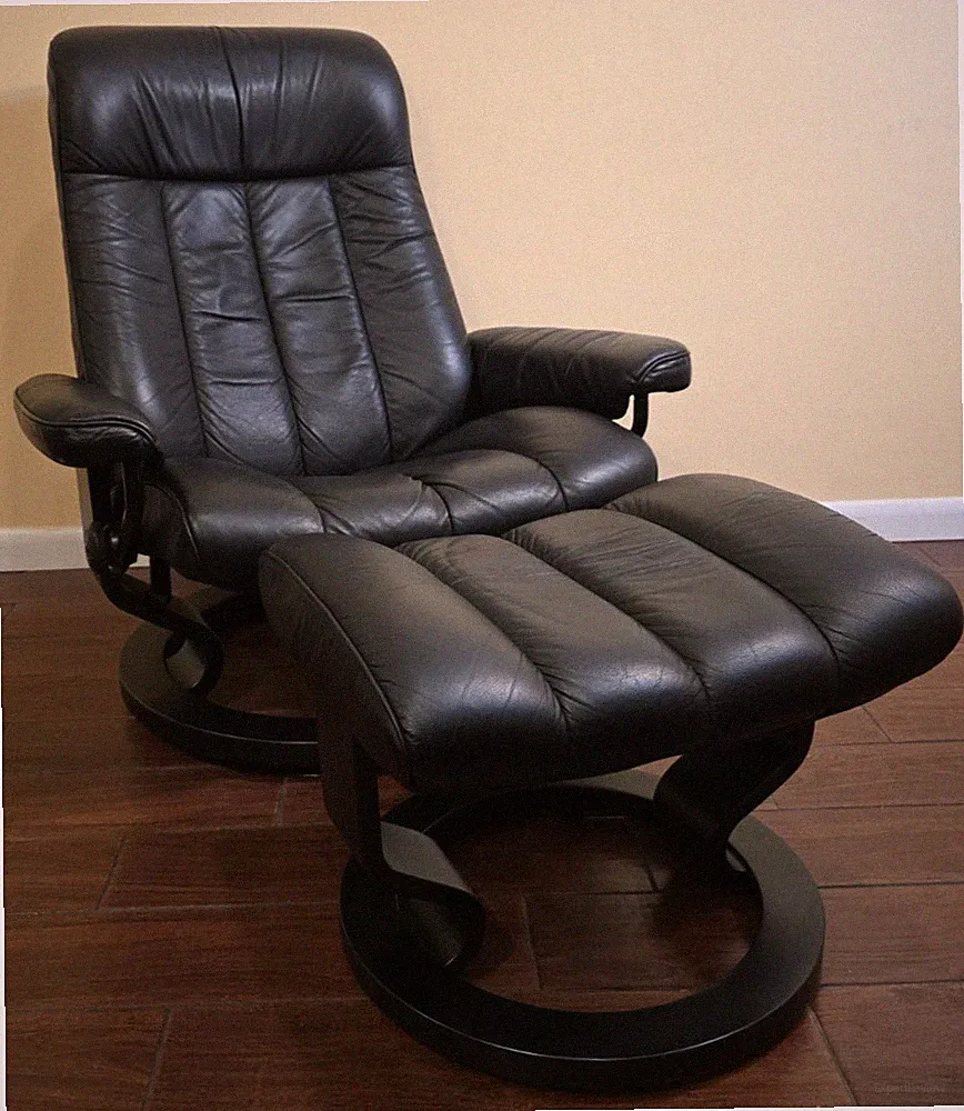 Ekornes Stressless Large "King Plus" Black Leather Swivel Recliner and Ottoman