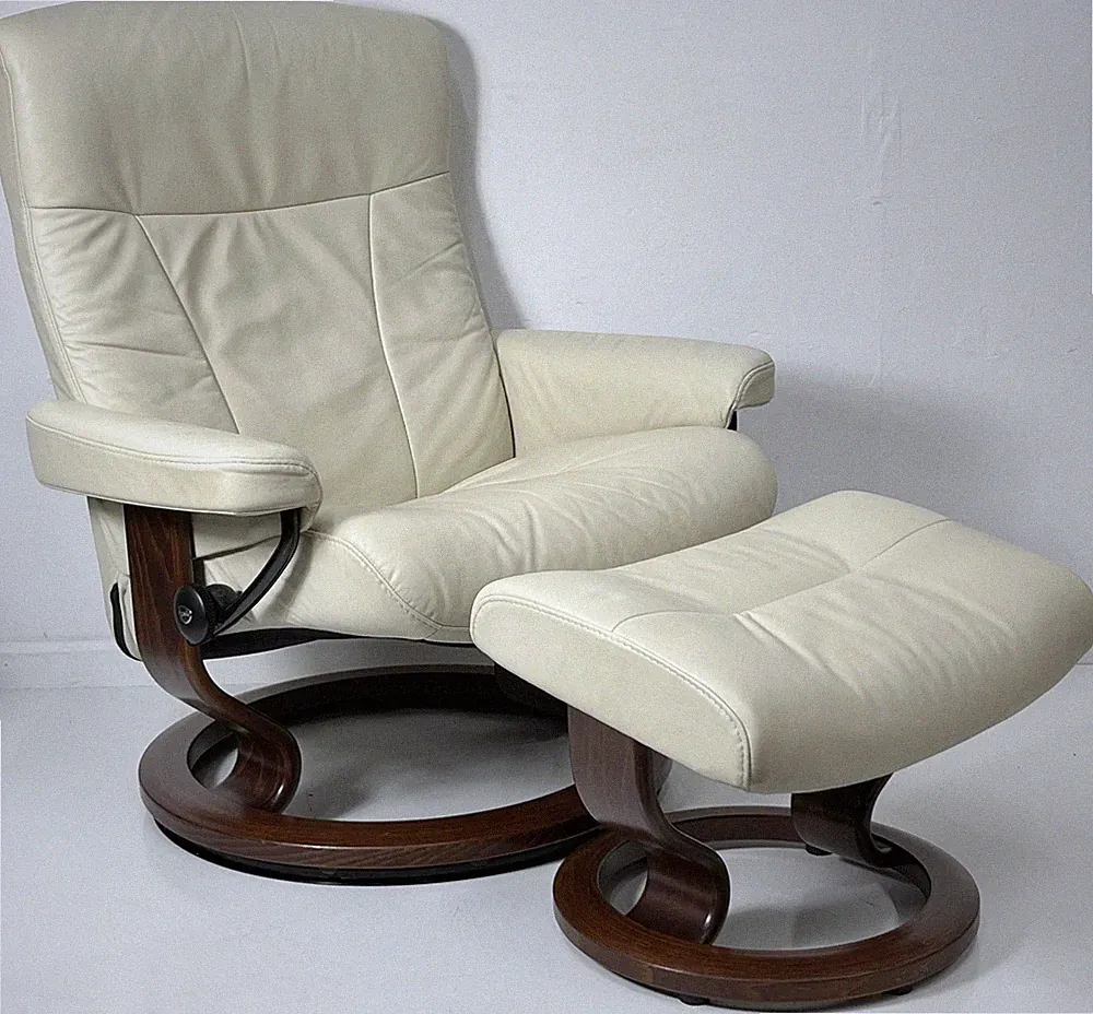 Ekornes Stressless Large "President" Cream/ Gray Leather Swivel Recliner Ottoman