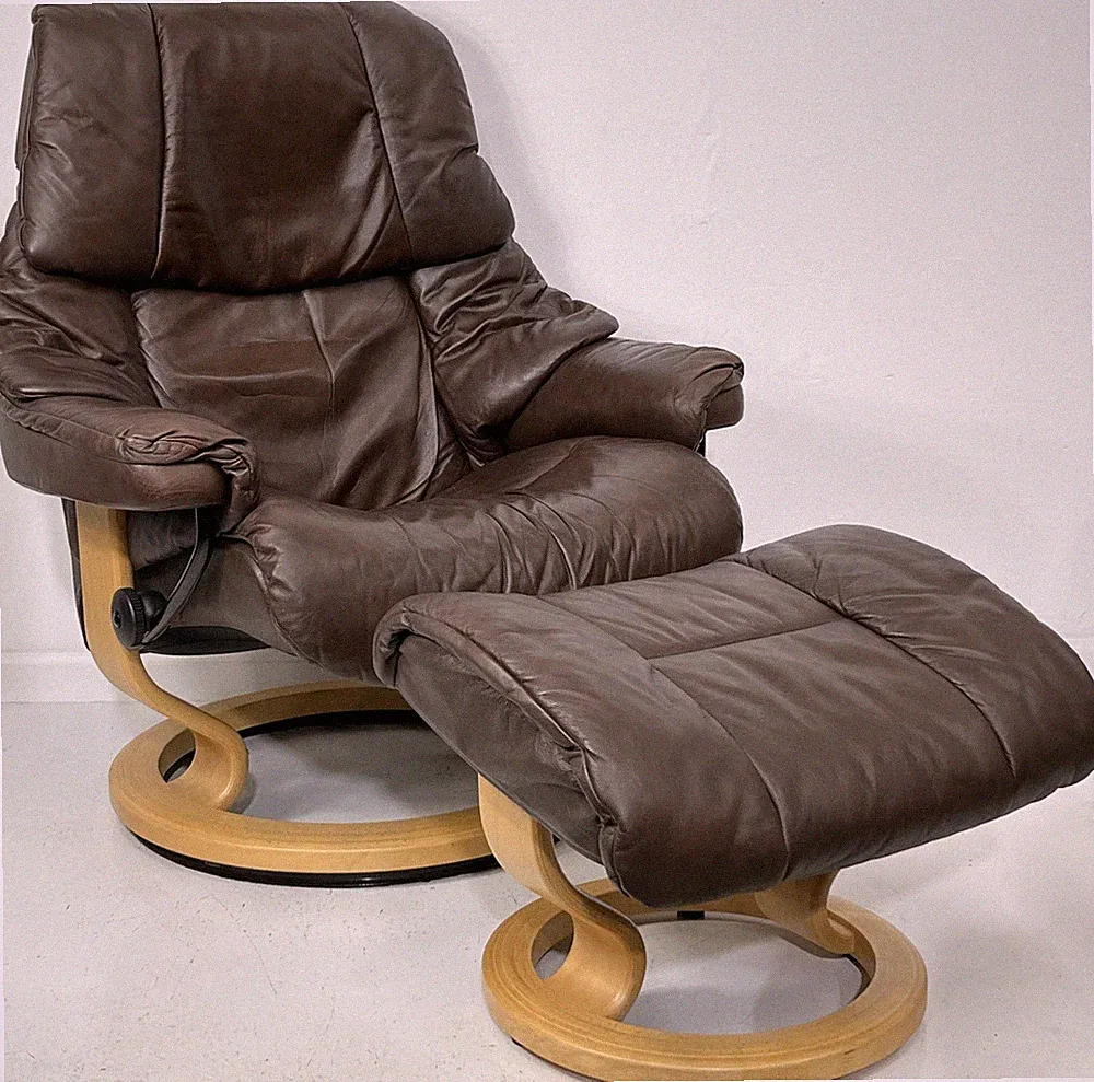 Ekornes Stressless Large RENO Brown Leather Swivel Recliner Chair & Ottoman
