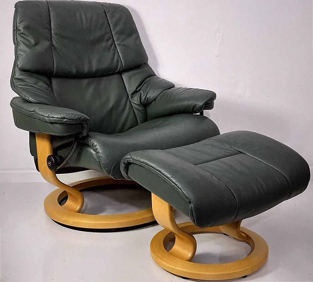 Ekornes Stressless Large RENO Green Leather Swivel Recliner Chair & Ottoman