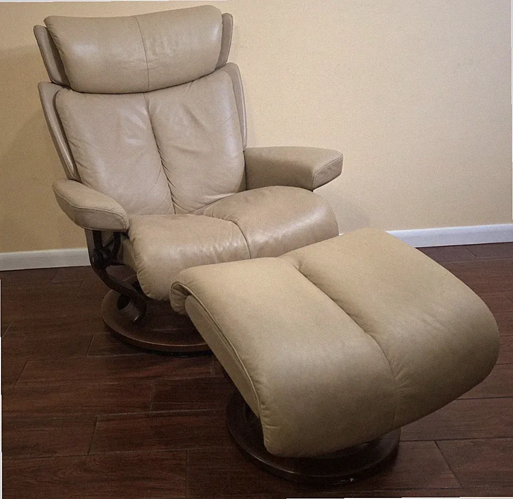 Ekornes Stressless Large Sand Leather "Magic" Swivel Recliner & Ottoman