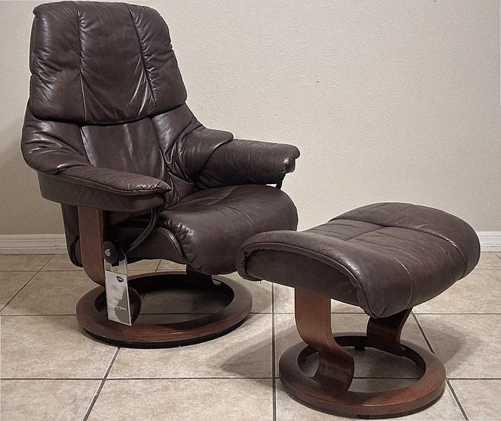 Ekornes Stressless Leather Recliner Chair & Ottoman Small Reno Norway Furniture