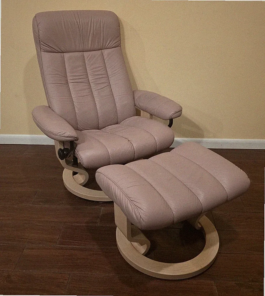 Ekornes Stressless Medium "King" Blush Leather Swivel Recliner and Ottoman
