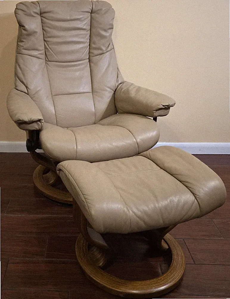 Ekornes Stressless Medium Sand Leather "Mayfair" Swivel Recliner and Ottoman