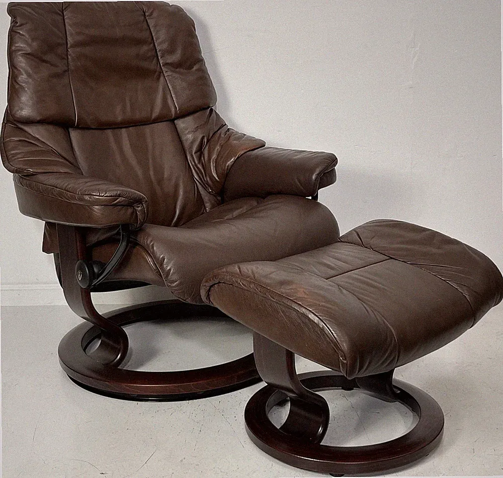 Ekornes Stressless Small "RENO" Brown Leather Swivel Recliner Chair & Ottoman