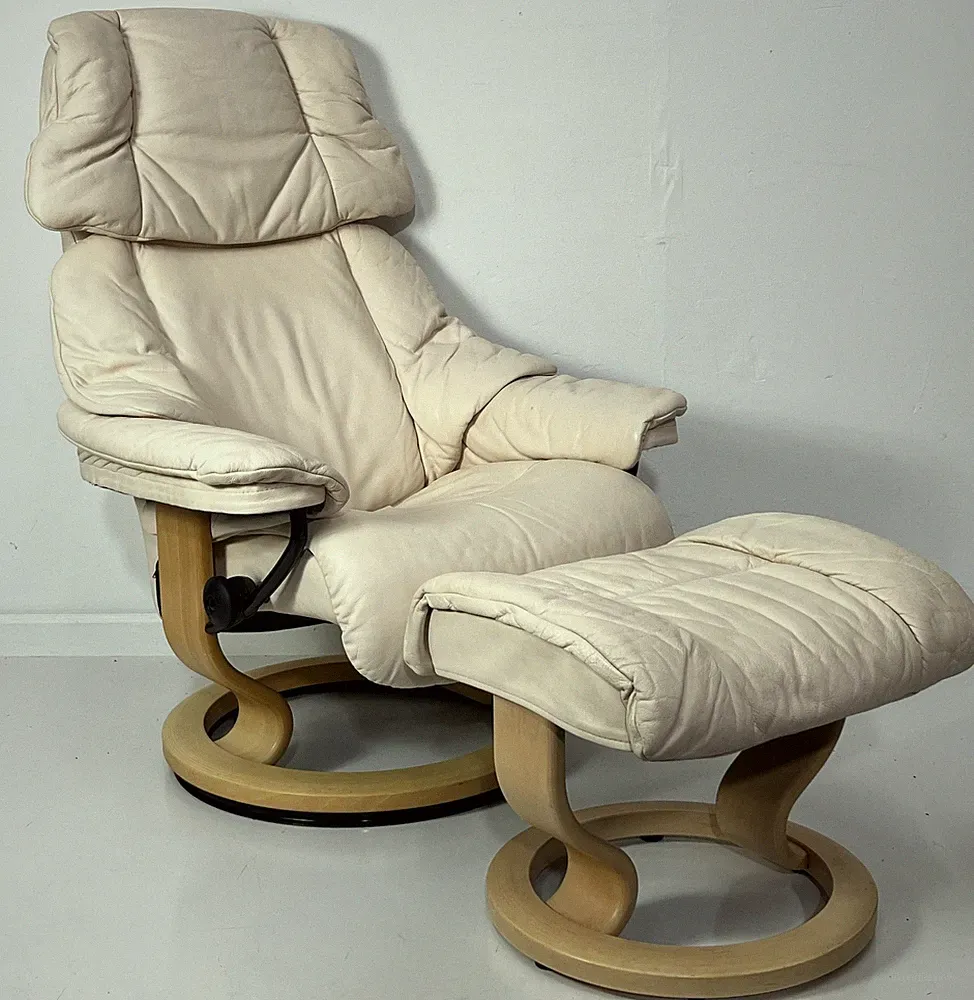 Ekornes Stressless Small "RENO" Vanilla Leather Swivel Recliner Chair & Ottoman