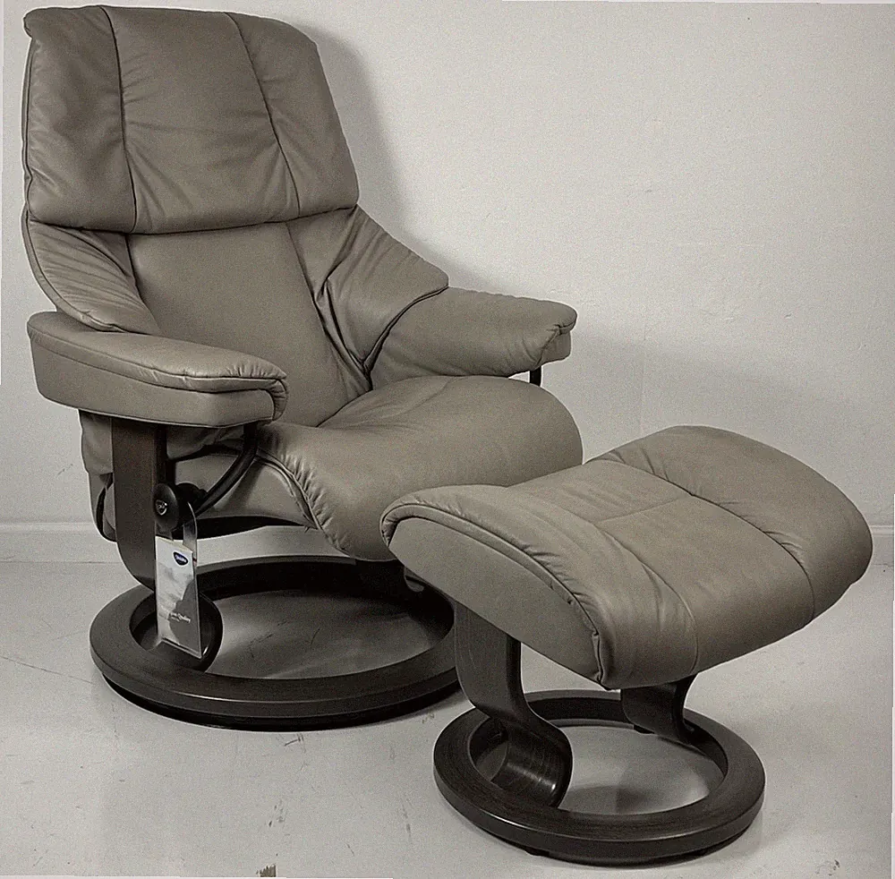 *NEW* Ekornes Stressless Small RENO Gray Leather Swivel Recliner Chair Ottoman