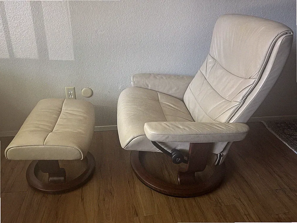 Stressless Beige Leather Recliner Chair with Ottoman Adjustable Wood Base