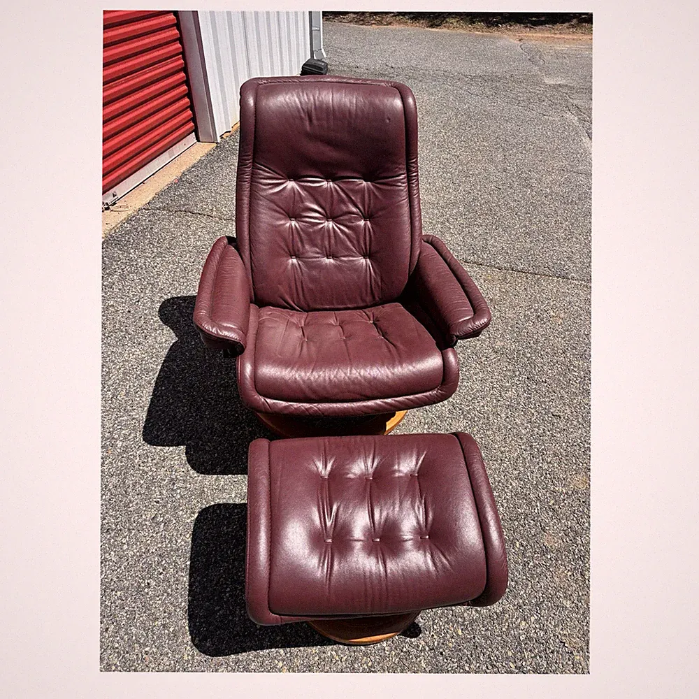 Stressless Burgundy Leather Recliner Chair with Ottoman and Wood Base