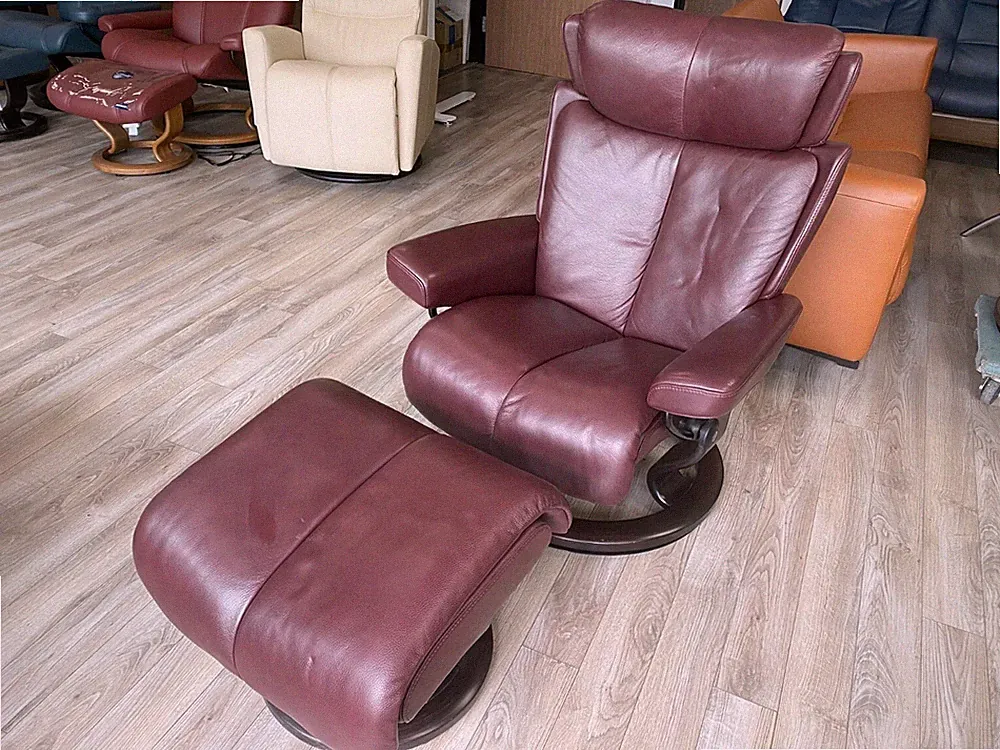 Stressless Medium Magic Recliner and Ottoman - Premium Royalin Amarone Leather